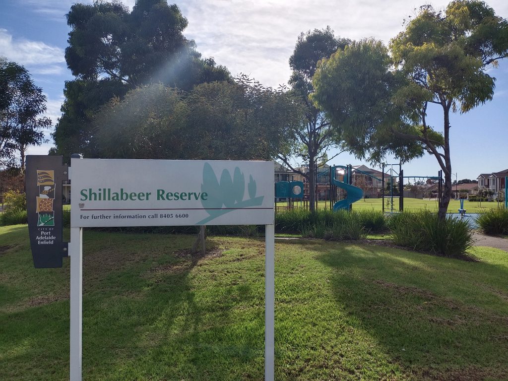 Shillabeer Reserve sign playground behind